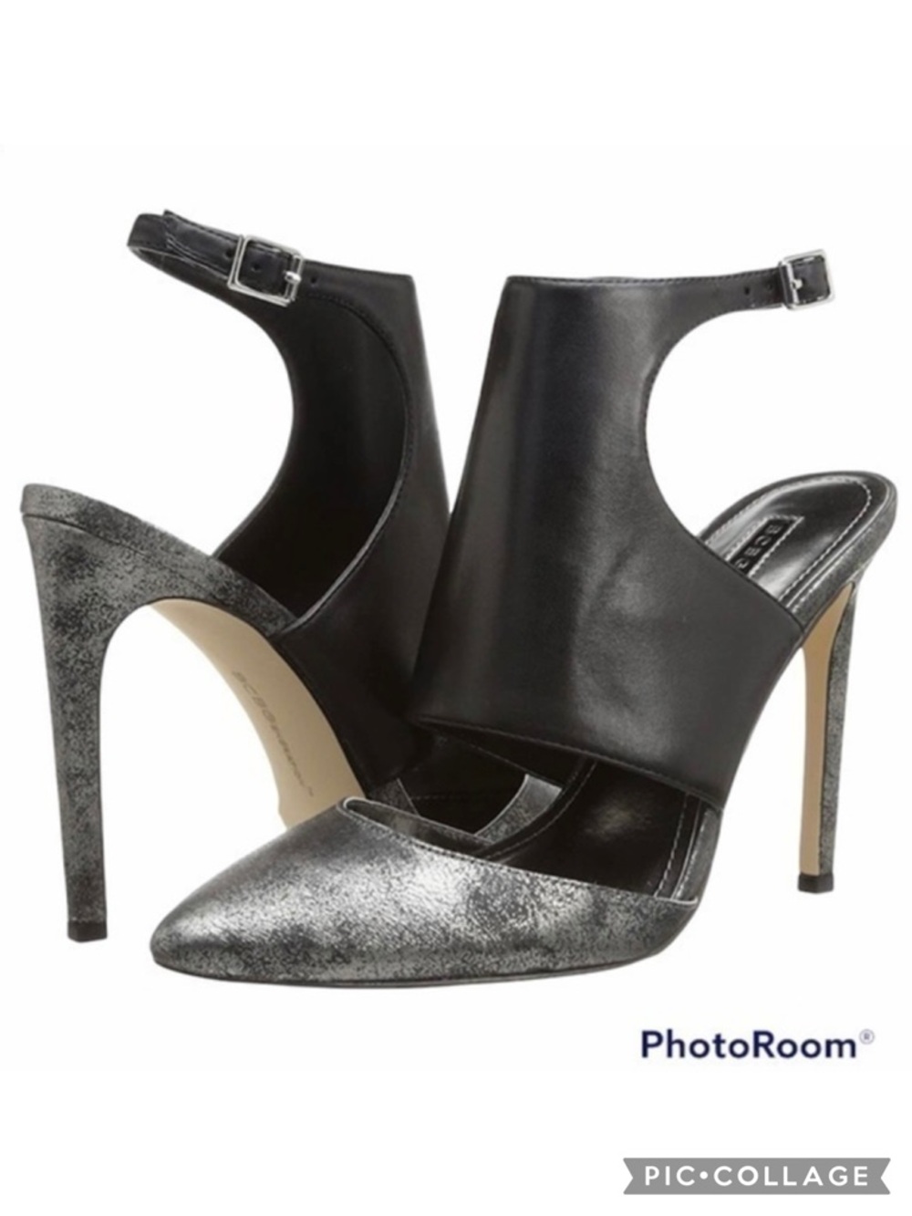 BCBGeneration Chaser Slingback Black Silver Metallic Leather Heels 9.5